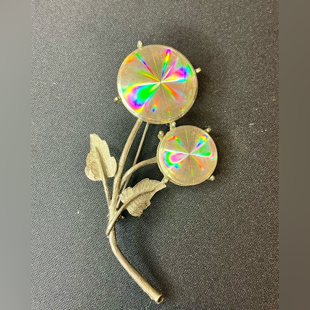 Vintage Jewelarama Flower Brooch Silver Tone Iridescent Cabochon Pin
